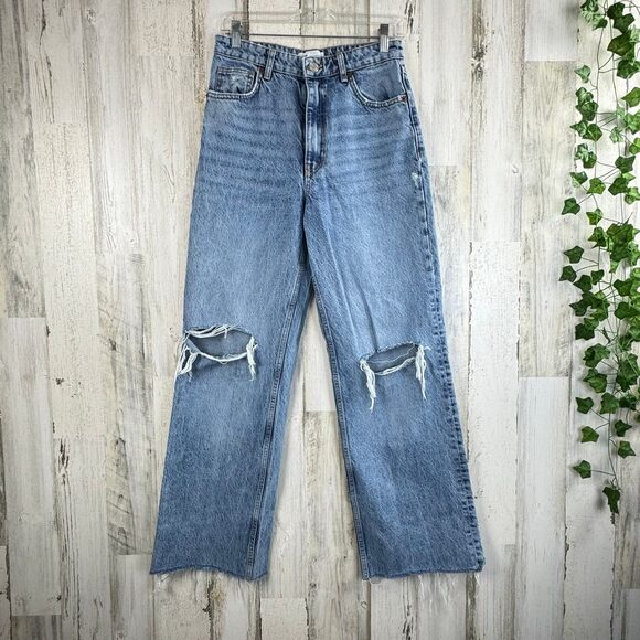 ZARA Jeans Womens 6 Blue High Rise Straight Leg Raw Hem Essential 90's Mom Jeans - Picture 1 of 8